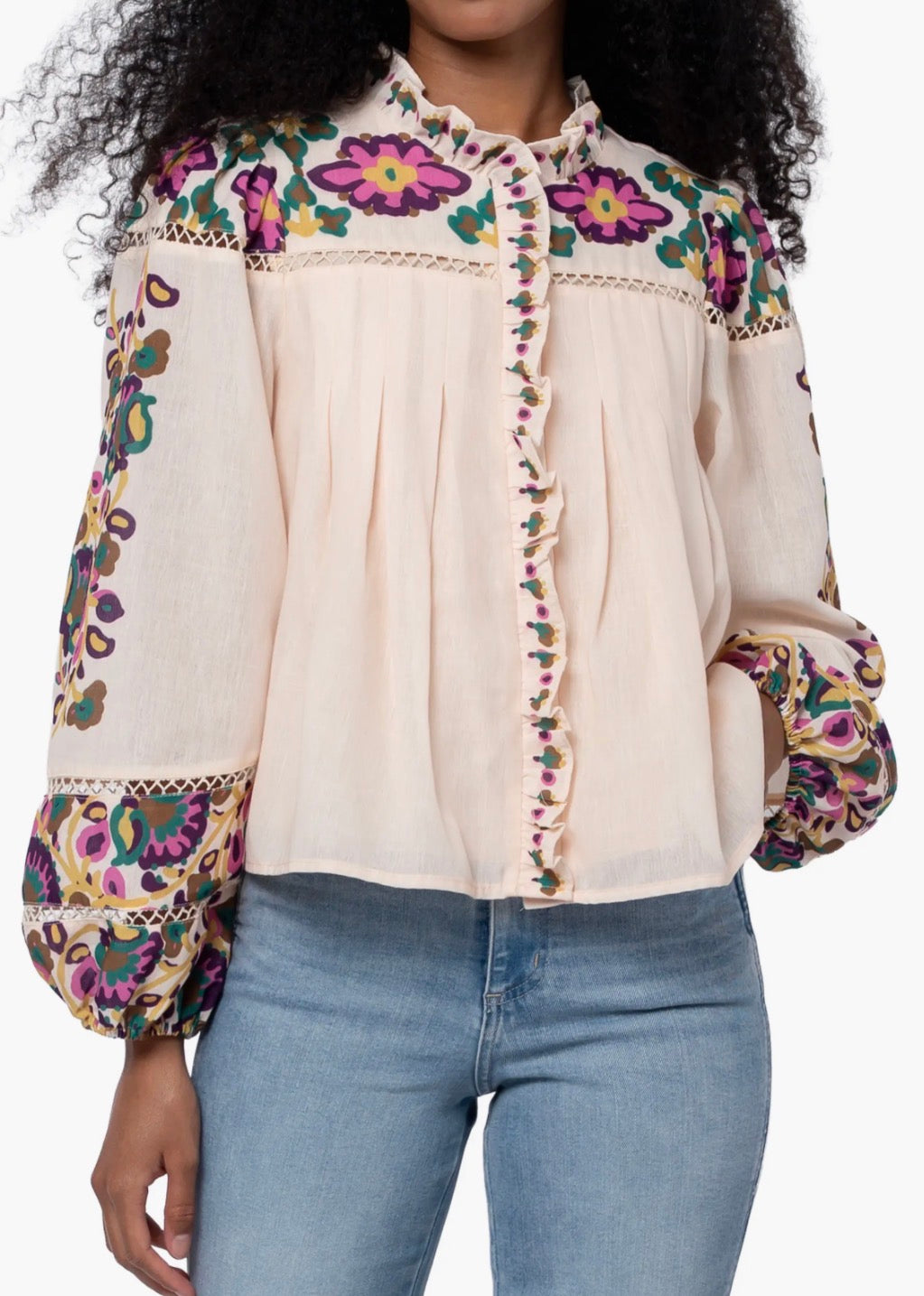 CREAM MULTI FLORAL PRINT LADDER TRIM RUFFLED PLACKET LONG SLEEVE ISME BLOUSE