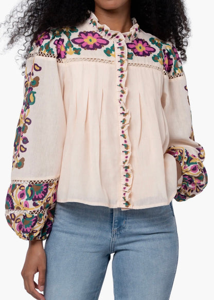 CREAM MULTI FLORAL PRINT LADDER TRIM RUFFLED PLACKET LONG SLEEVE ISME BLOUSE
