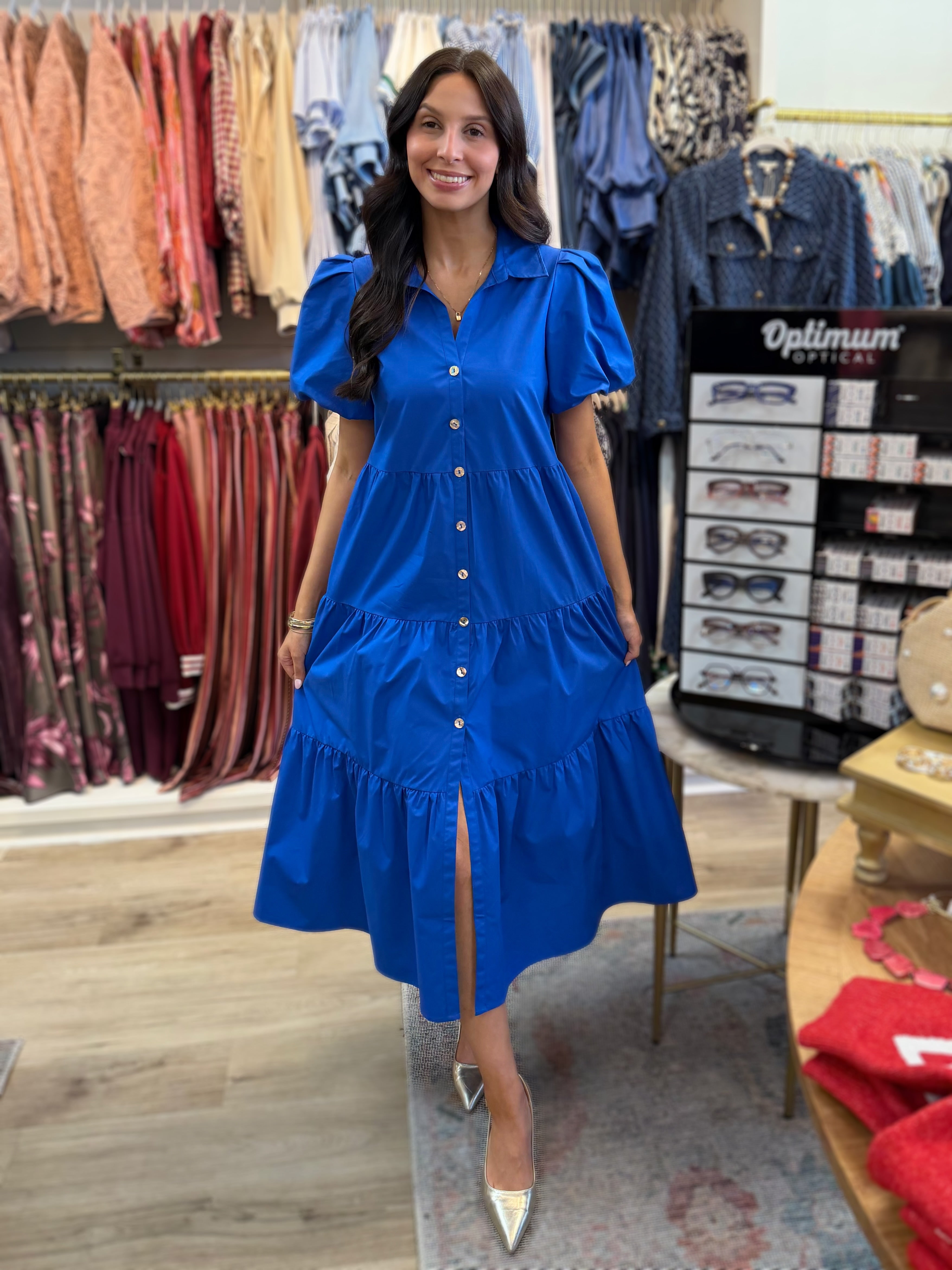 DAZZLING BLUE SHORT PUFF SLEEVE TIERED MAXI DRESS