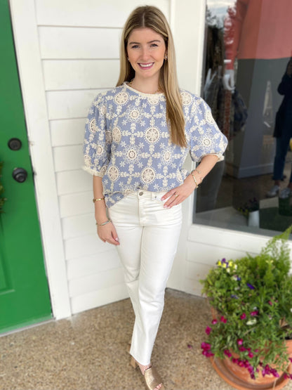 SLATE BLUE EMBROIDERED COTTON FRINGE DETAILED TOP
