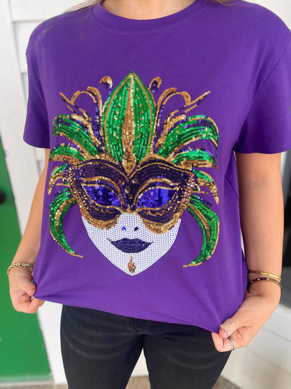 PURPLE SEQUIN MARDI GRAS MASK TSHIRT