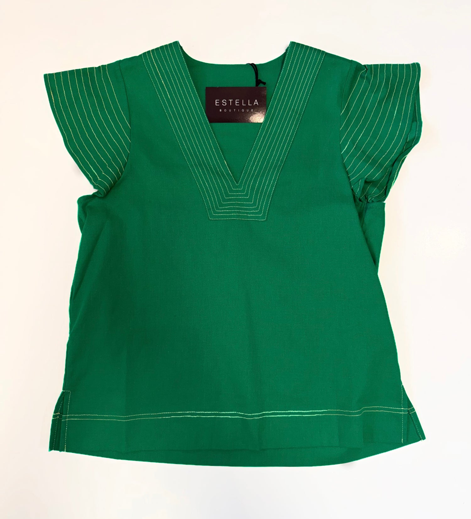 GREEN CONTRAST STITCH SHORT RUFFLE SLEEVE VNECK TOP
