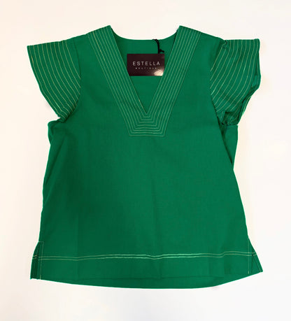 GREEN CONTRAST STITCH SHORT RUFFLE SLEEVE VNECK TOP