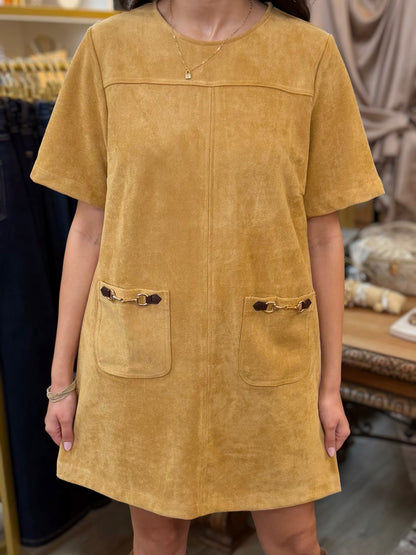 GOLD SUEDE HORSE-BIT DETAIL PATCH POCKET SHORT SLEEVE MINI DRESS
