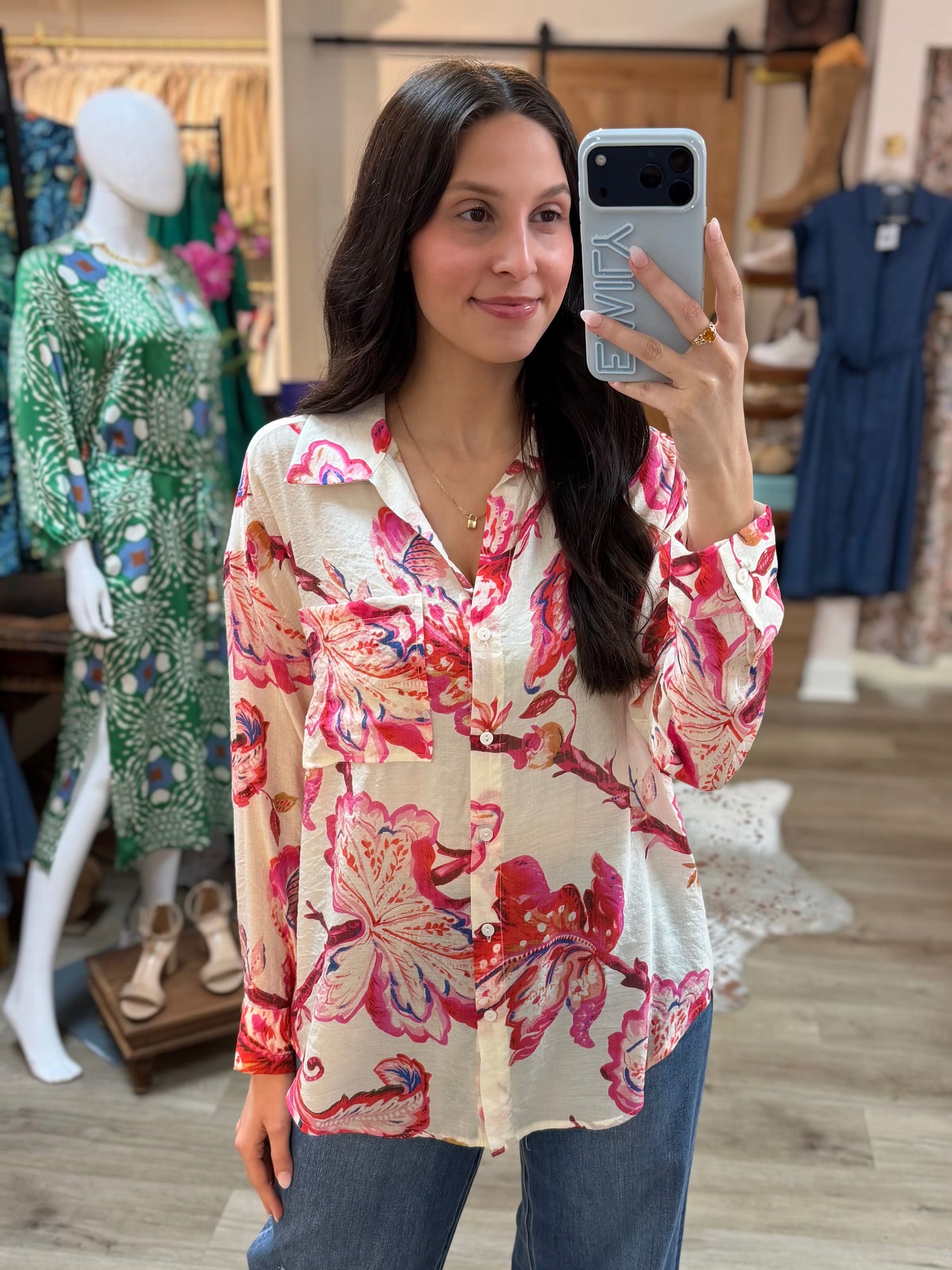 PINK MULTI FLORAL PRINT LONG SLEEVE BUTTON UP TOP