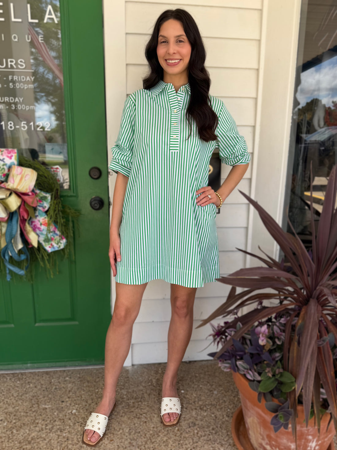 GREEN/WHITE STRIPE COLLARED BUTTON UP GATHERED SLEEVE MINI DRESS