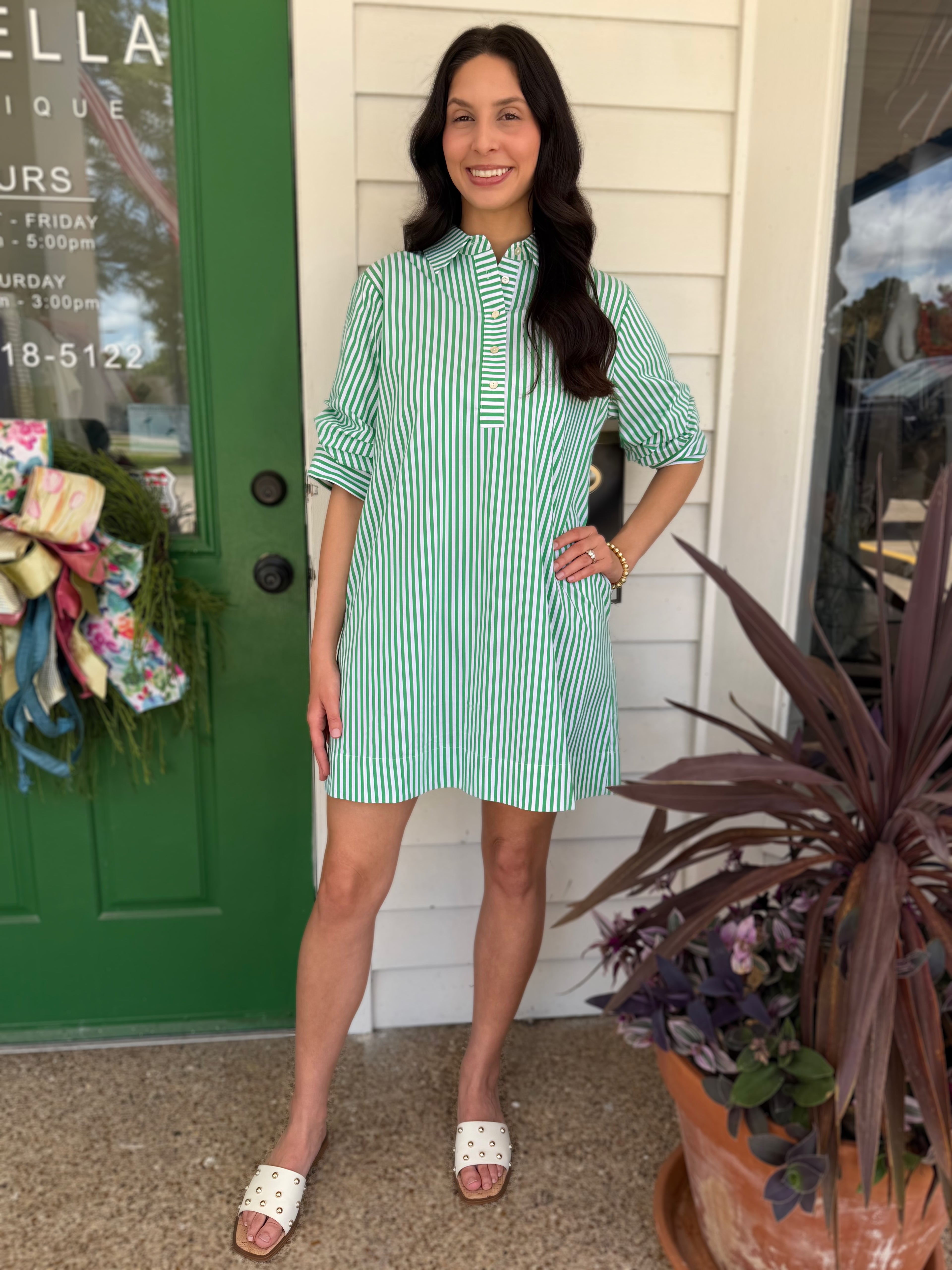 GREEN/WHITE STRIPE COLLARED BUTTON UP GATHERED SLEEVE MINI DRESS