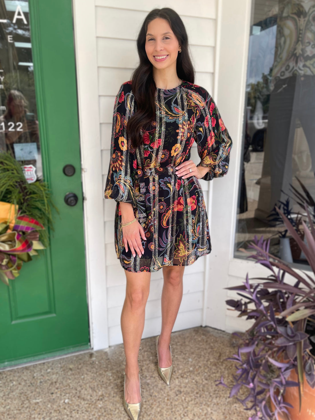 BLACK MULTI FLORAL PRINT METALLIC STRIPE LONG BUBBLE SLEEVE ODETTE MINI DRESS
