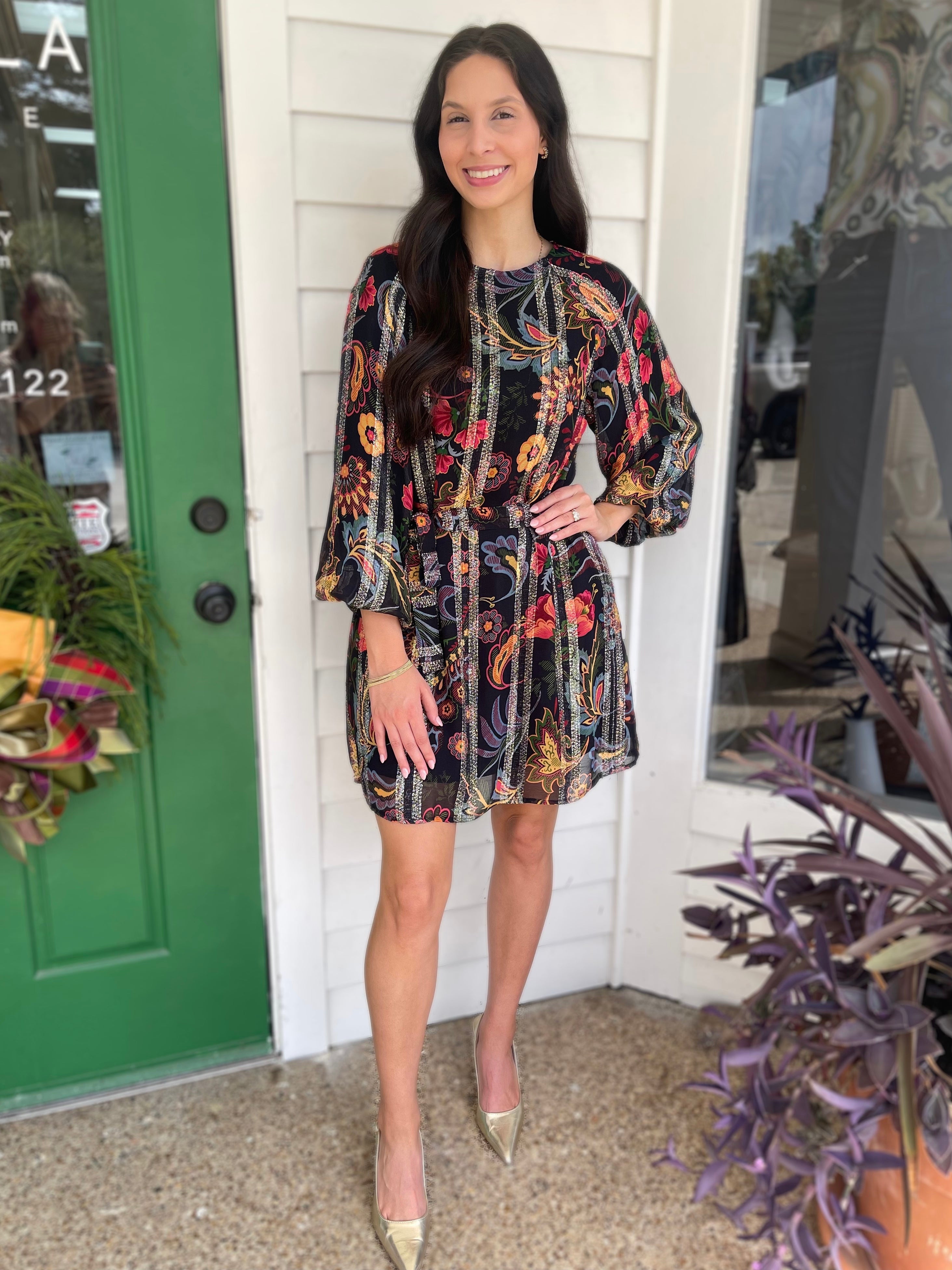 BLACK MULTI FLORAL PRINT METALLIC STRIPE LONG BUBBLE SLEEVE ODETTE MINI DRESS