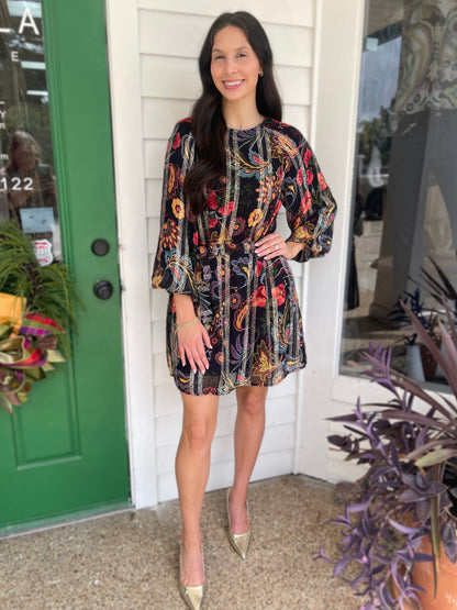 BLACK MULTI FLORAL PRINT METALLIC STRIPE LONG BUBBLE SLEEVE ODETTE MINI DRESS