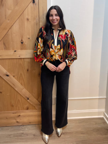 BLACK MIX FLORAL PRINT STANDING COLLAR LONG SLEEVE TOP