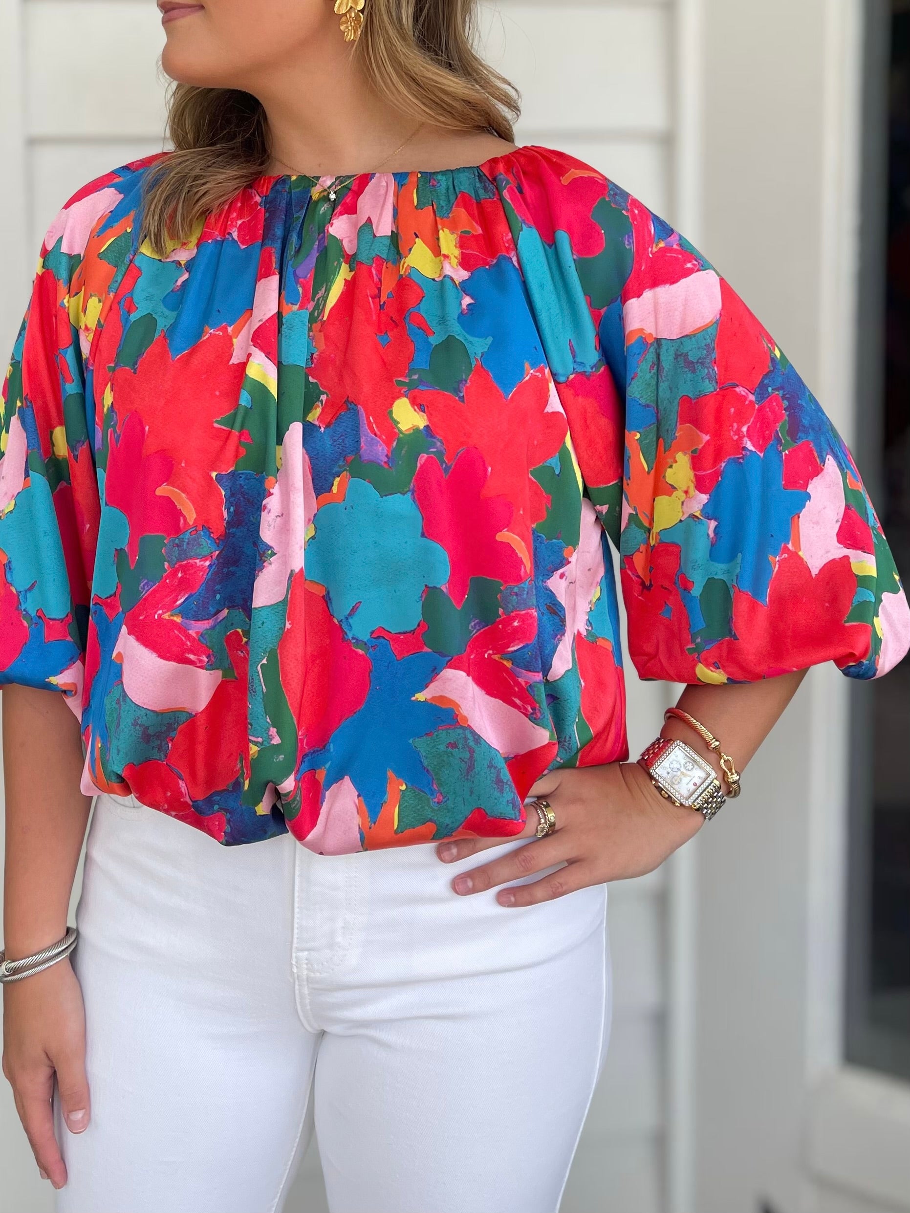 RED MULTI ABSTRACT PRINT ELASTIC HEM PUFF SLEEVE TOP