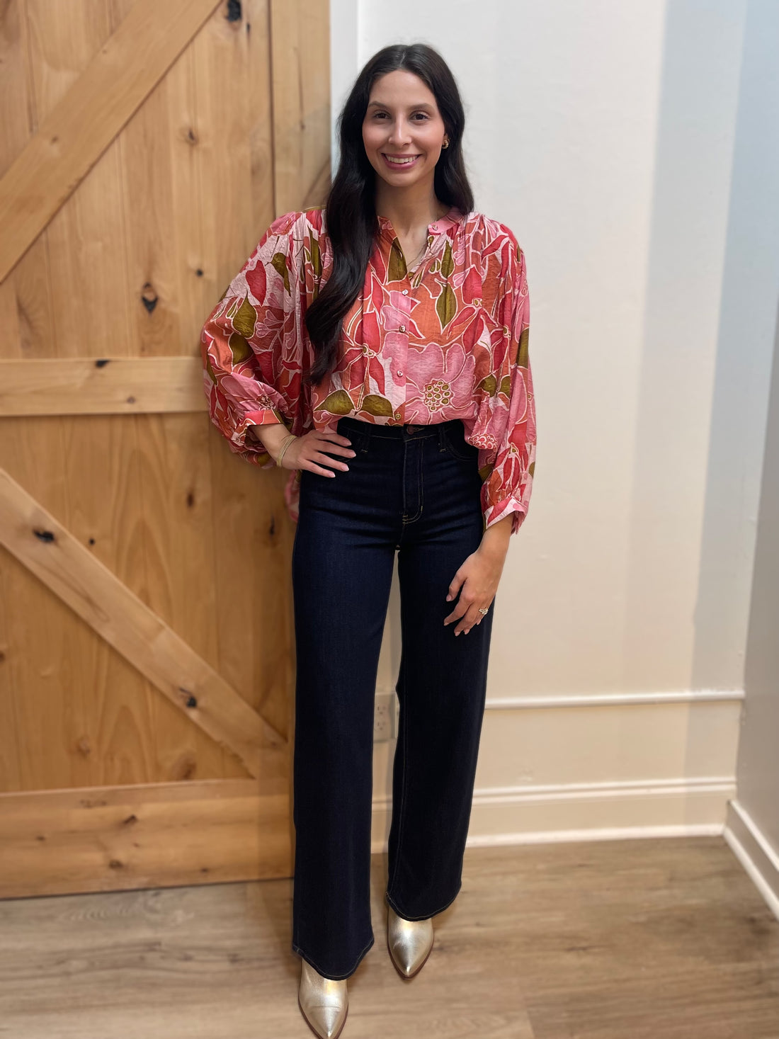 CORAL FLORAL PRINT BATWING LONG SLEEVE BLOUSE