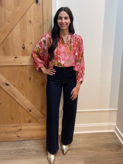 CORAL FLORAL PRINT BATWING LONG SLEEVE BLOUSE