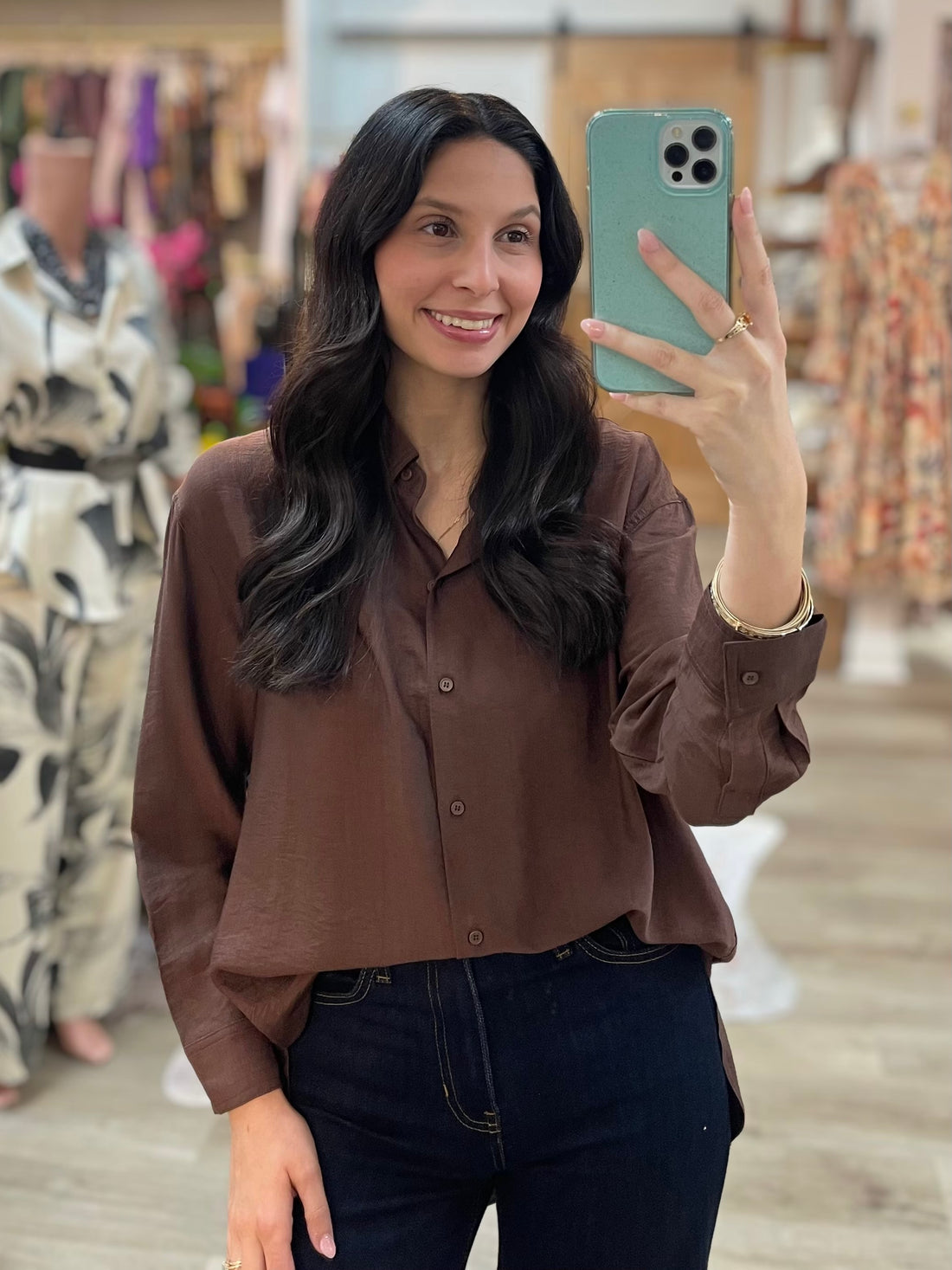 BROWN RELAXED FIT LONG SLEEVE BUTTON UP TOP