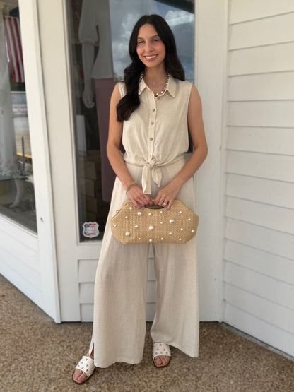 OATMEAL LINEN SLEEVELESS BUTTON UP TOP &amp; PANT SET