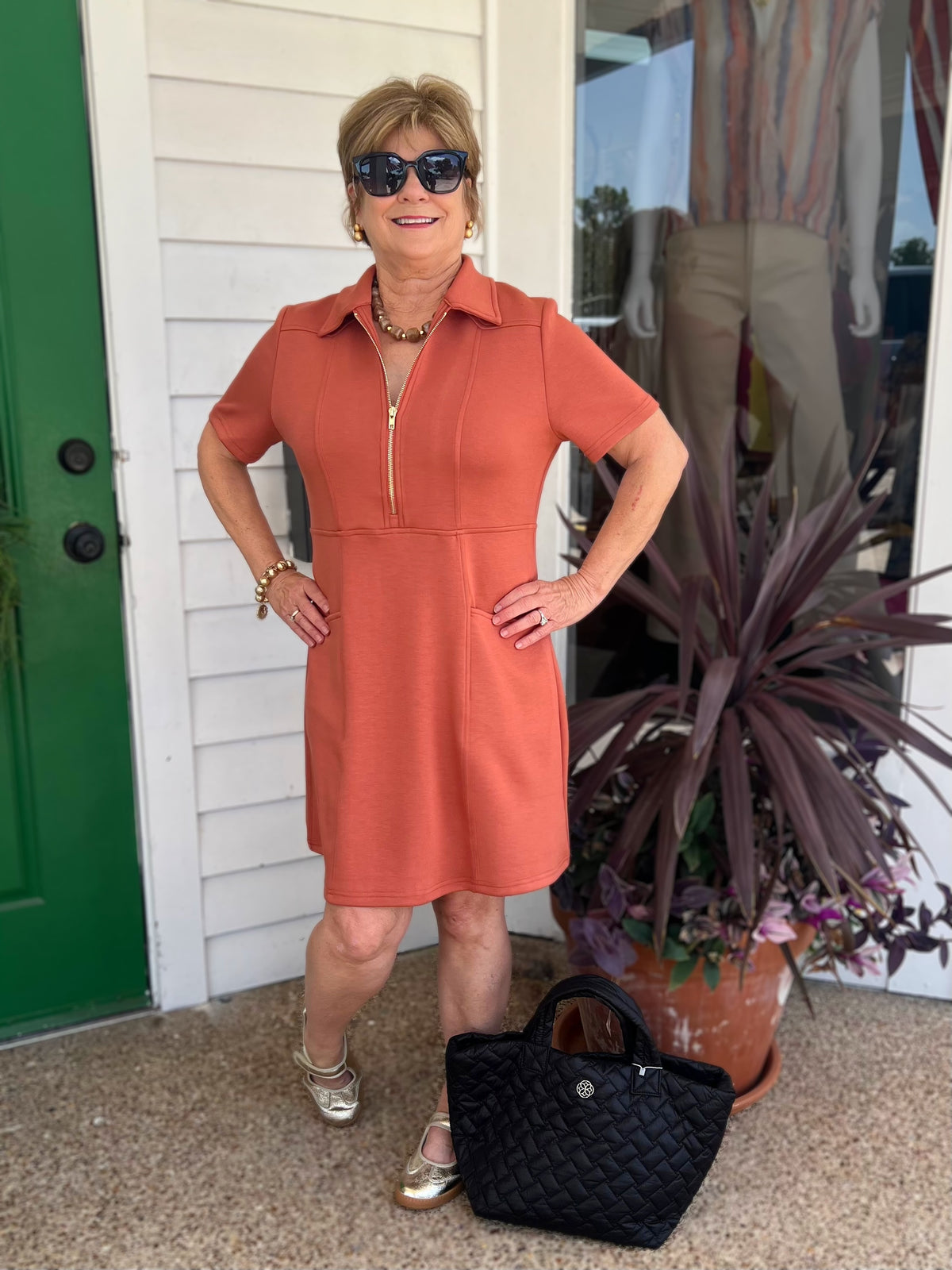 DUSTY ROSE PCILL BUTTER MODAL QUARTER ZIP SHORT SLEEVE MINI DRESS