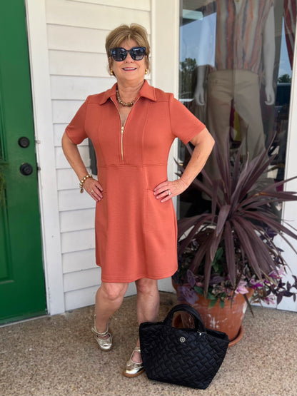 DUSTY ROSE PCILL BUTTER MODAL QUARTER ZIP SHORT SLEEVE MINI DRESS