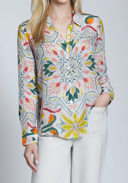 GREEN MULTI MEDITERRANEAN MOSAIC PRINT ROLL UP SLEEVE BUTTON UP TOP