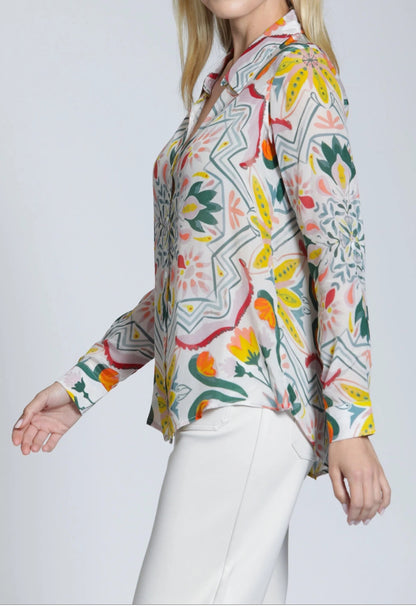 GREEN MULTI MEDITERRANEAN MOSAIC PRINT ROLL UP SLEEVE BUTTON UP TOP