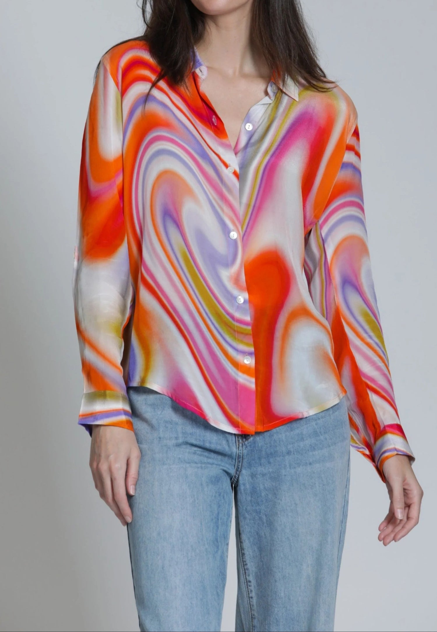 ORANGE MULTI HEATWAVE SWIRL PRINT ROLL UP SLEEVE BUTTON UP TOP