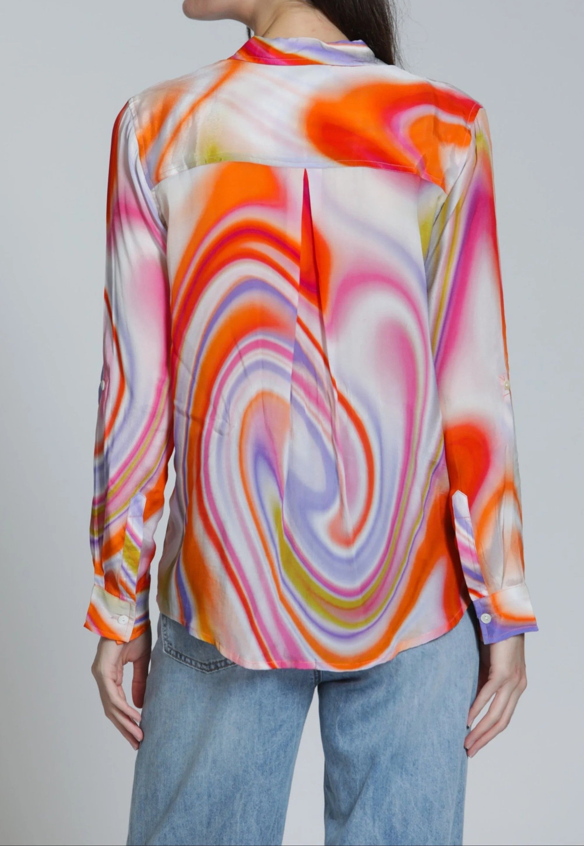 ORANGE MULTI HEATWAVE SWIRL PRINT ROLL UP SLEEVE BUTTON UP TOP
