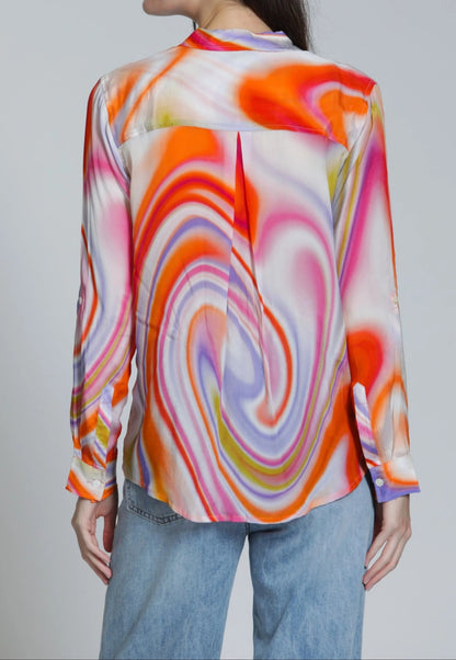 ORANGE MULTI HEATWAVE SWIRL PRINT ROLL UP SLEEVE BUTTON UP TOP