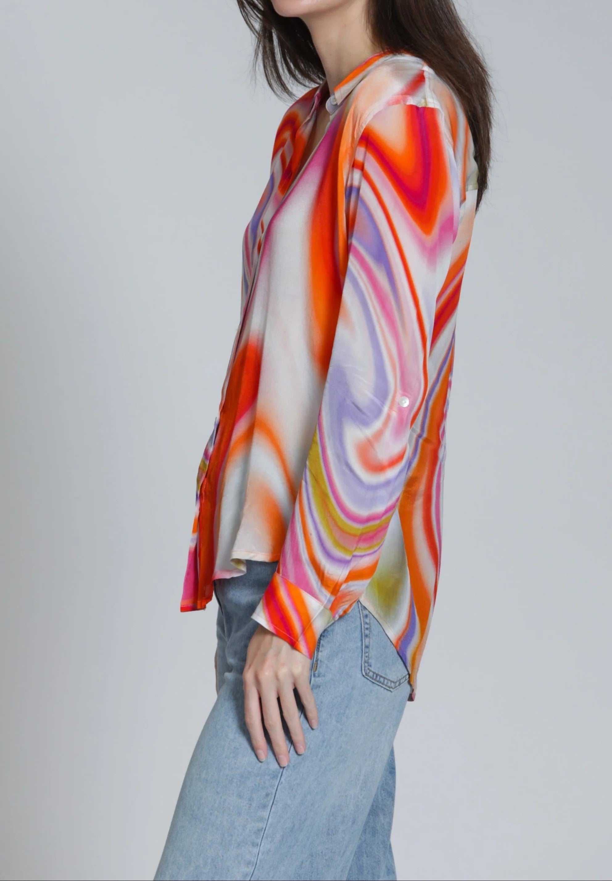 ORANGE MULTI HEATWAVE SWIRL PRINT ROLL UP SLEEVE BUTTON UP TOP