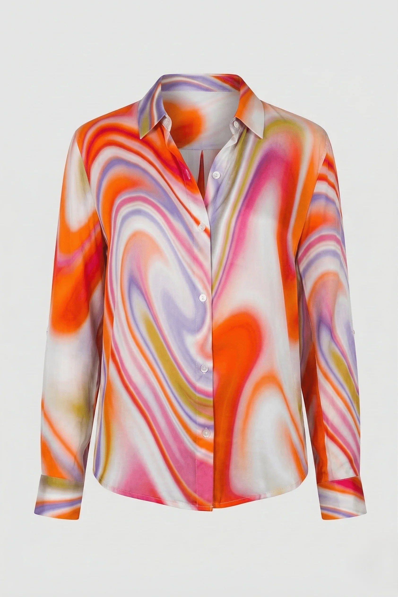 ORANGE MULTI HEATWAVE SWIRL PRINT ROLL UP SLEEVE BUTTON UP TOP