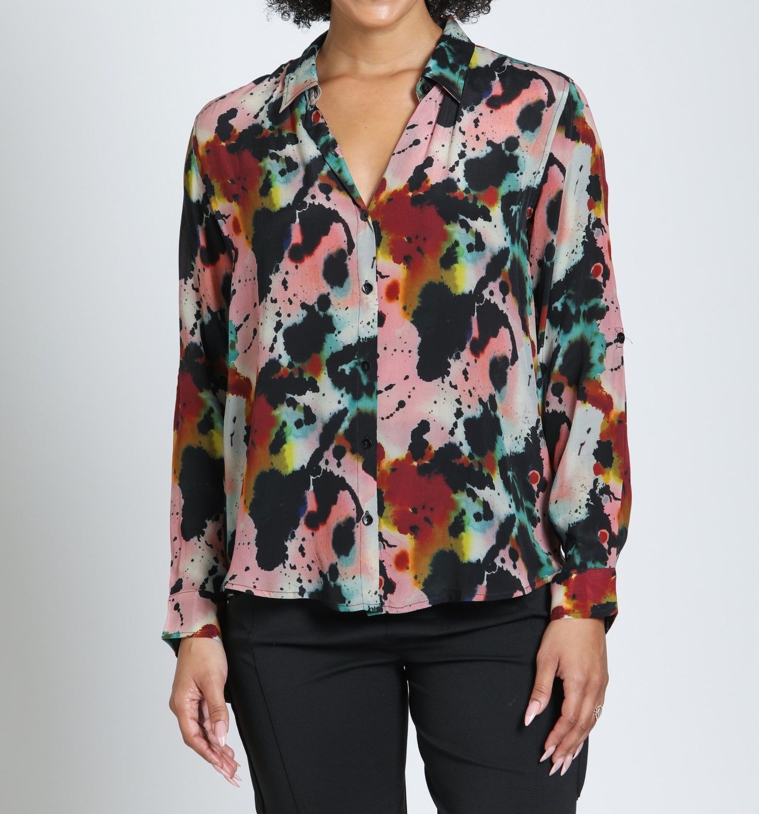CANYON CLAY WATERCOLOR ABSTRACT PRINT ROLL UP SLEEVE BUTTON UP TOP