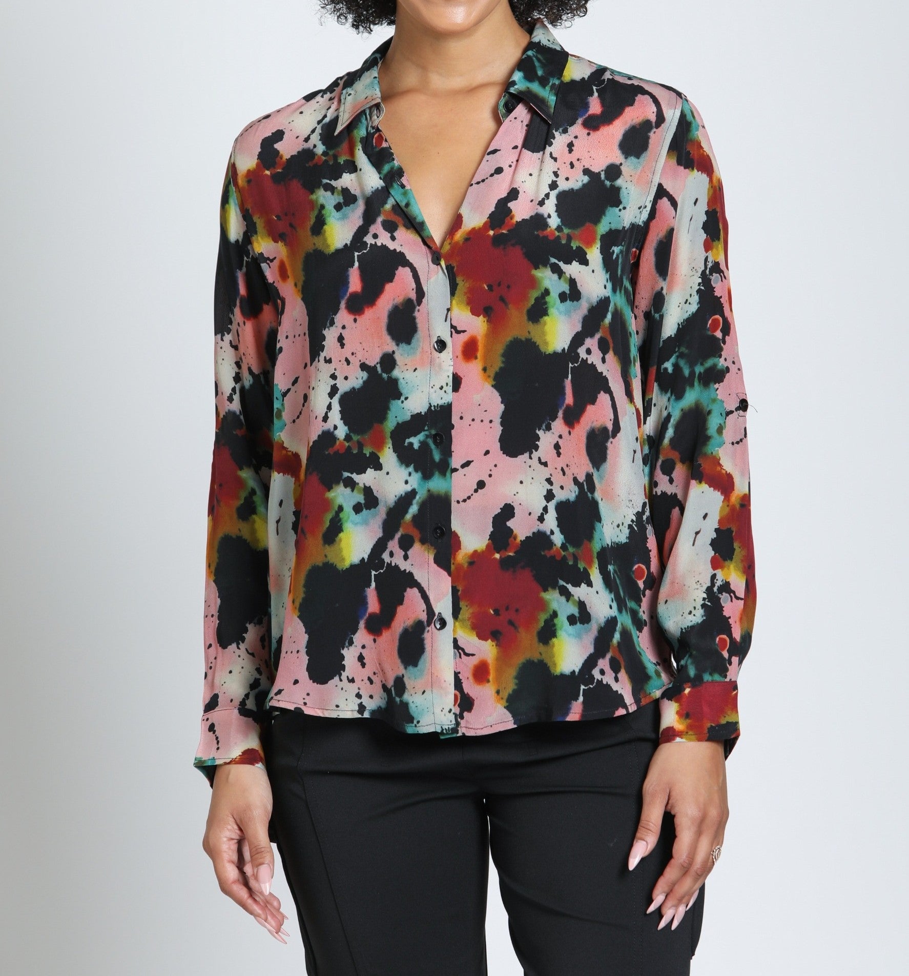 CANYON CLAY WATERCOLOR ABSTRACT PRINT ROLL UP SLEEVE BUTTON UP TOP