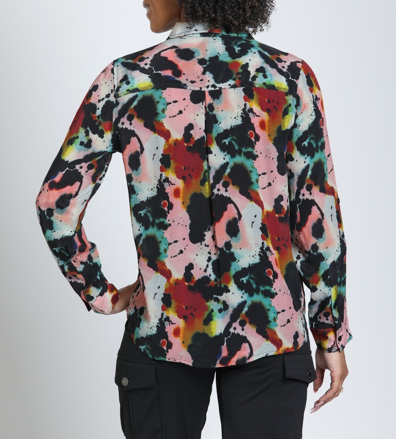 CANYON CLAY WATERCOLOR ABSTRACT PRINT ROLL UP SLEEVE BUTTON UP TOP
