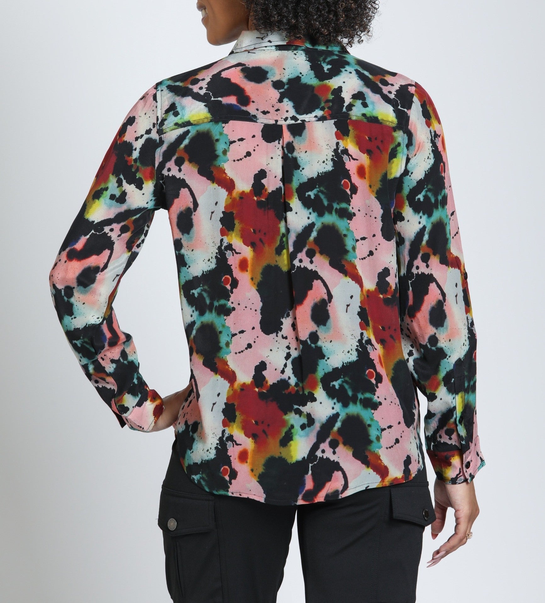 CANYON CLAY WATERCOLOR ABSTRACT PRINT ROLL UP SLEEVE BUTTON UP TOP