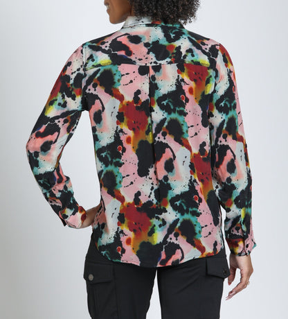 CANYON CLAY WATERCOLOR ABSTRACT PRINT ROLL UP SLEEVE BUTTON UP TOP