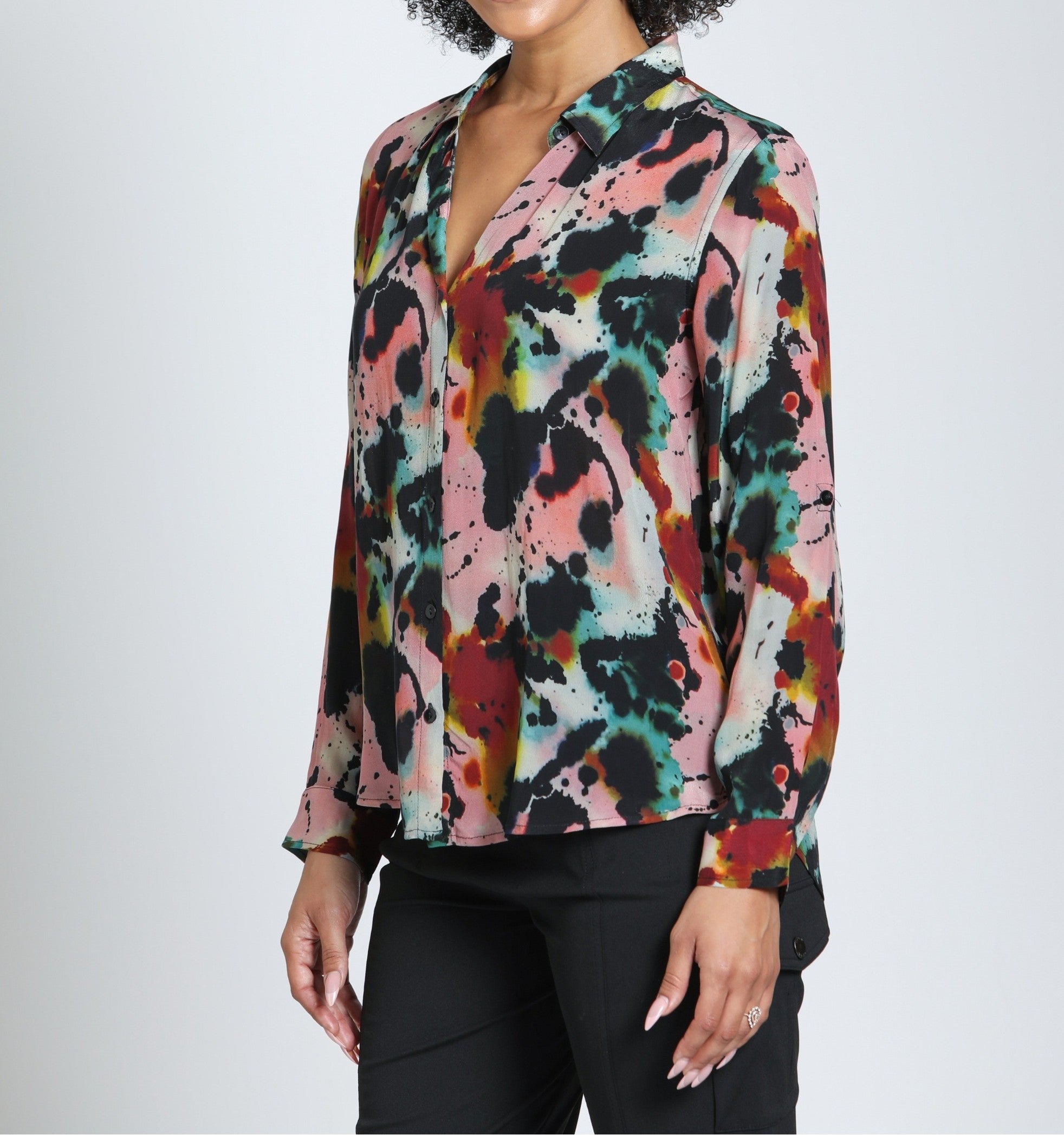 CANYON CLAY WATERCOLOR ABSTRACT PRINT ROLL UP SLEEVE BUTTON UP TOP