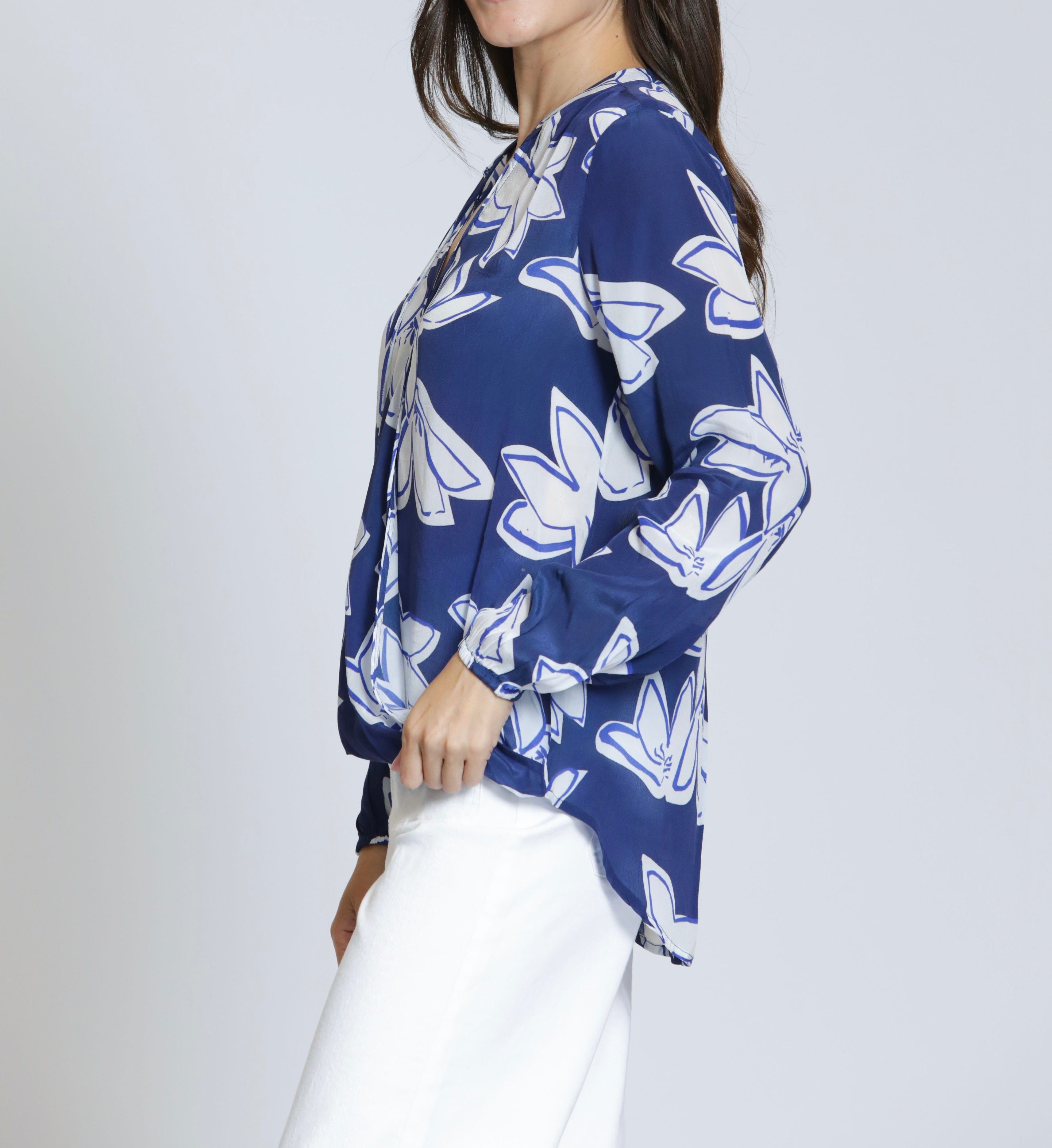 DARK BLUE FLORAL PRINT CROSSOVER TASSEL TOP