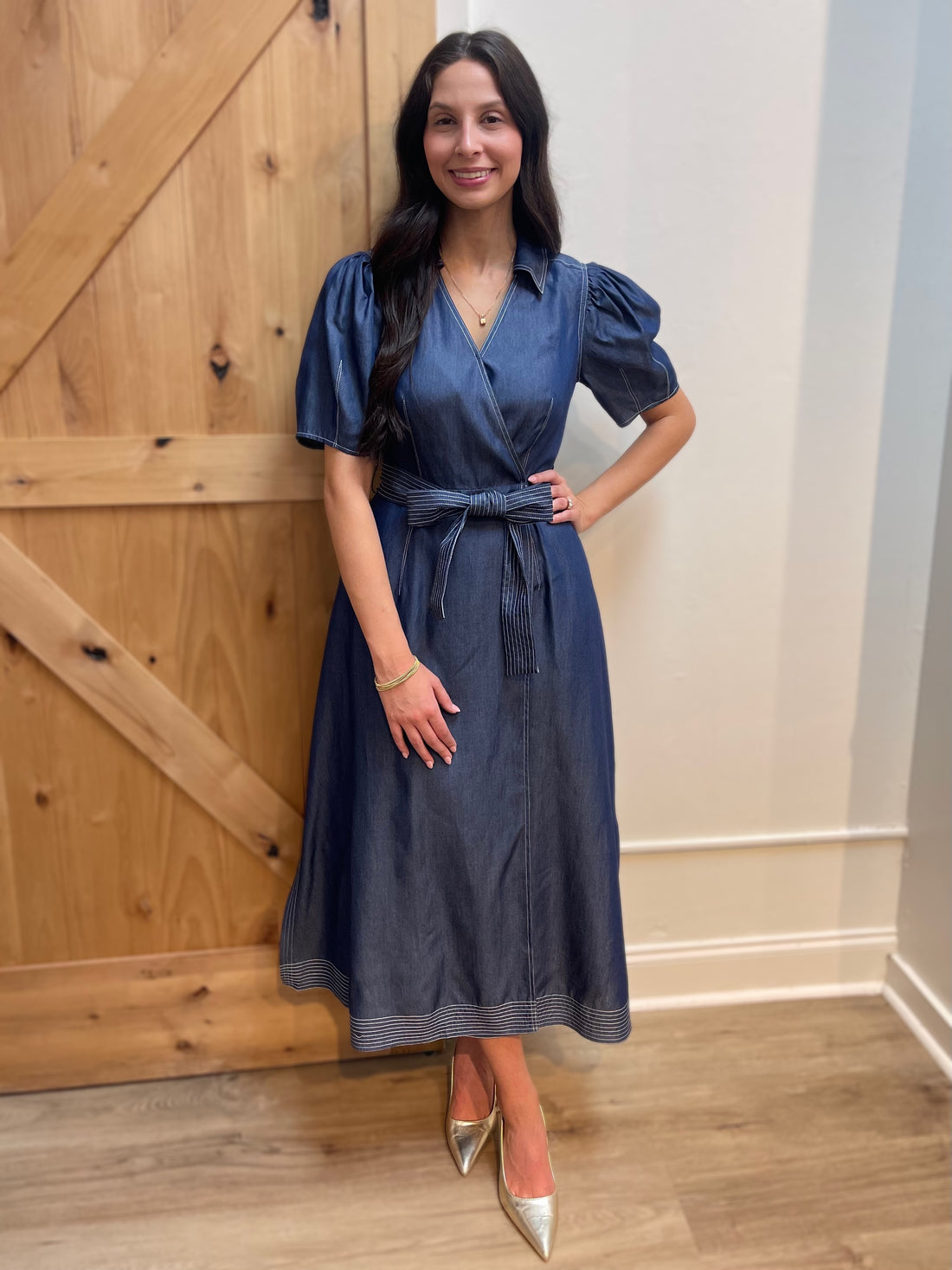 BLUE DENIM TRUE WRAP ROSANNA MIDI DRESS
