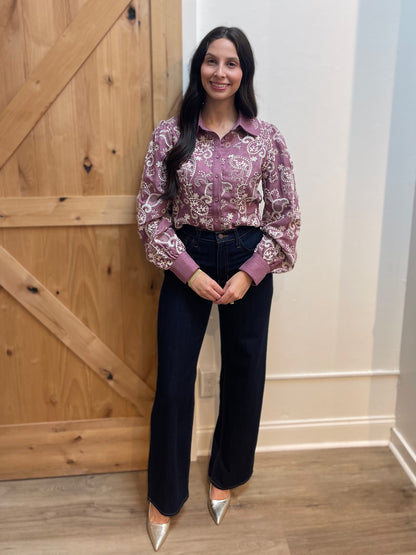 MAUVE/CREAM EMBROIDERED COLLARED BUTTON UP LONG SLEEVE TOP