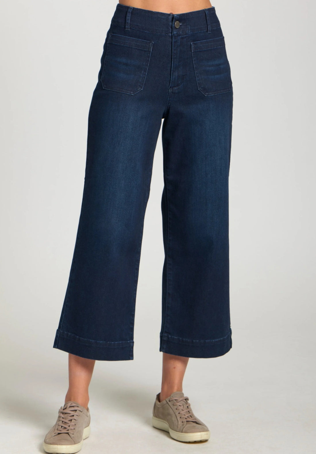 DARK INDIGO MID RISE CROPPED WIDE LEG PATCH POCKET PANT