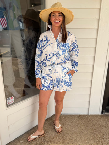 BLUE/WHITE PAISLEY PRINT LONG SLEEVE BUTTON UP SHIRT SHORT SET