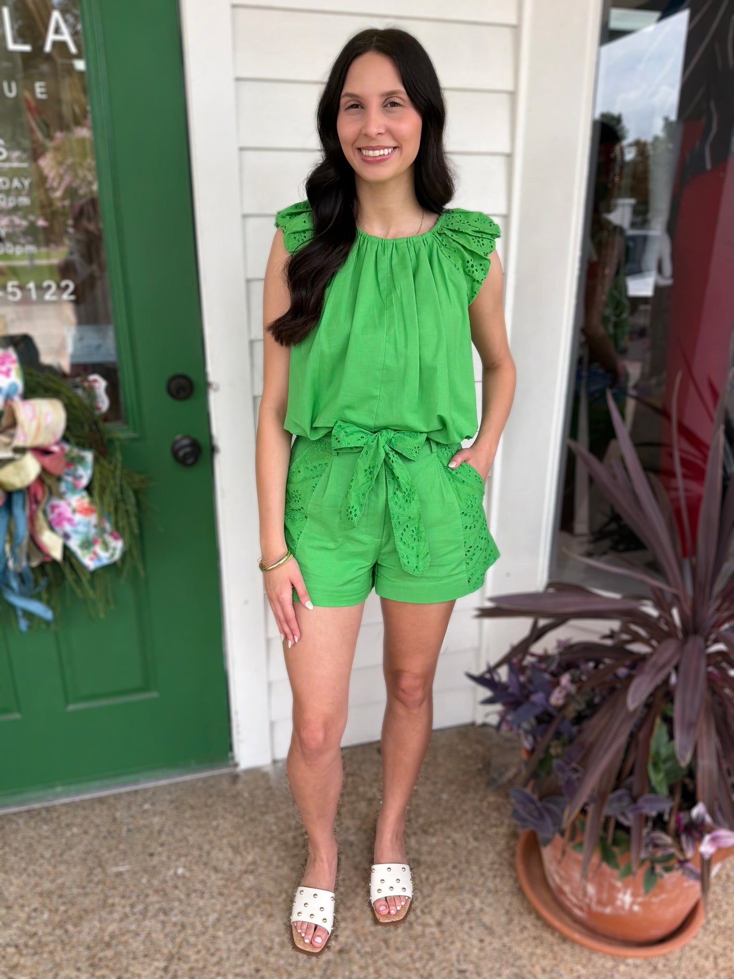 KELLY GREEN EYELET LACE PATCH ZELDA SHORTS