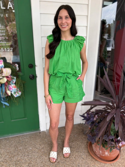 KELLY GREEN EYELET LACE PATCH ZELDA SHORTS