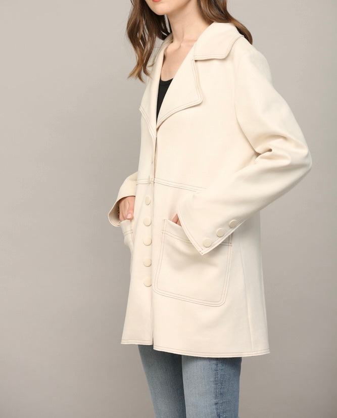 ECRU CONTRAST STITCHING DETAIL FAUX SUEDE COAT