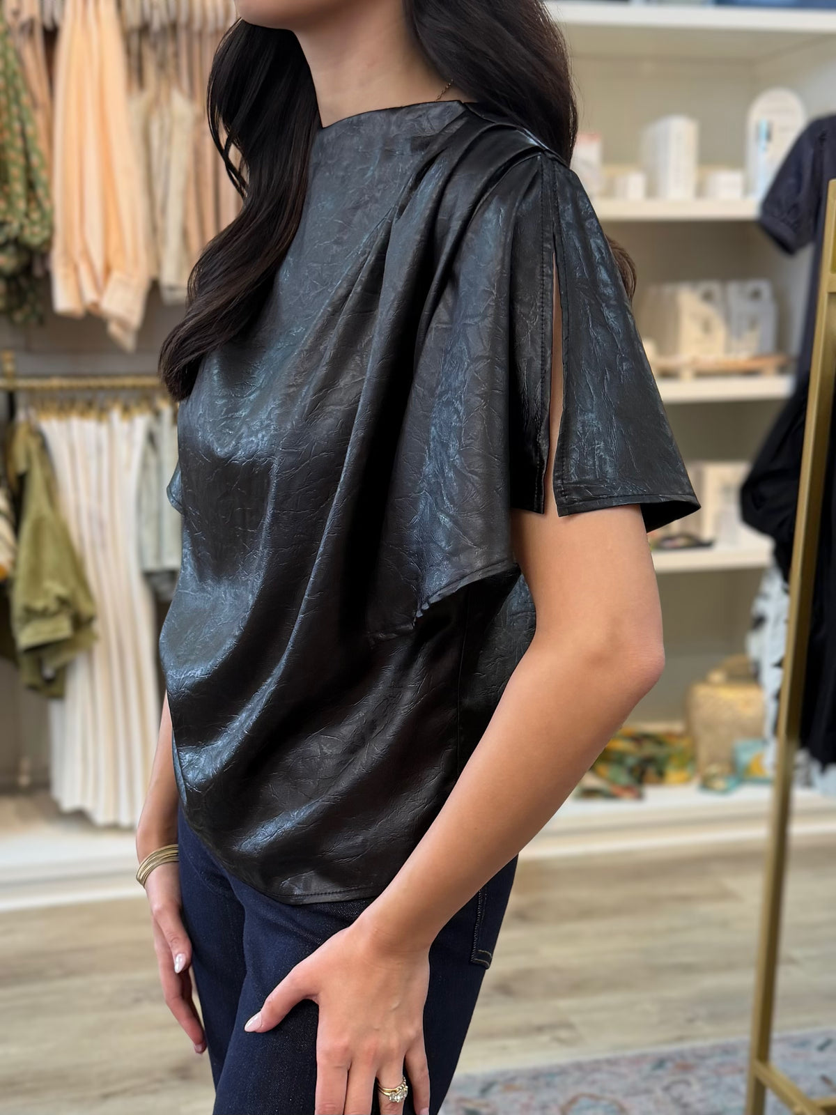 BLACK SHINY SATIN &amp; LEATHER FLOWY SHORT SLEEVE TOP