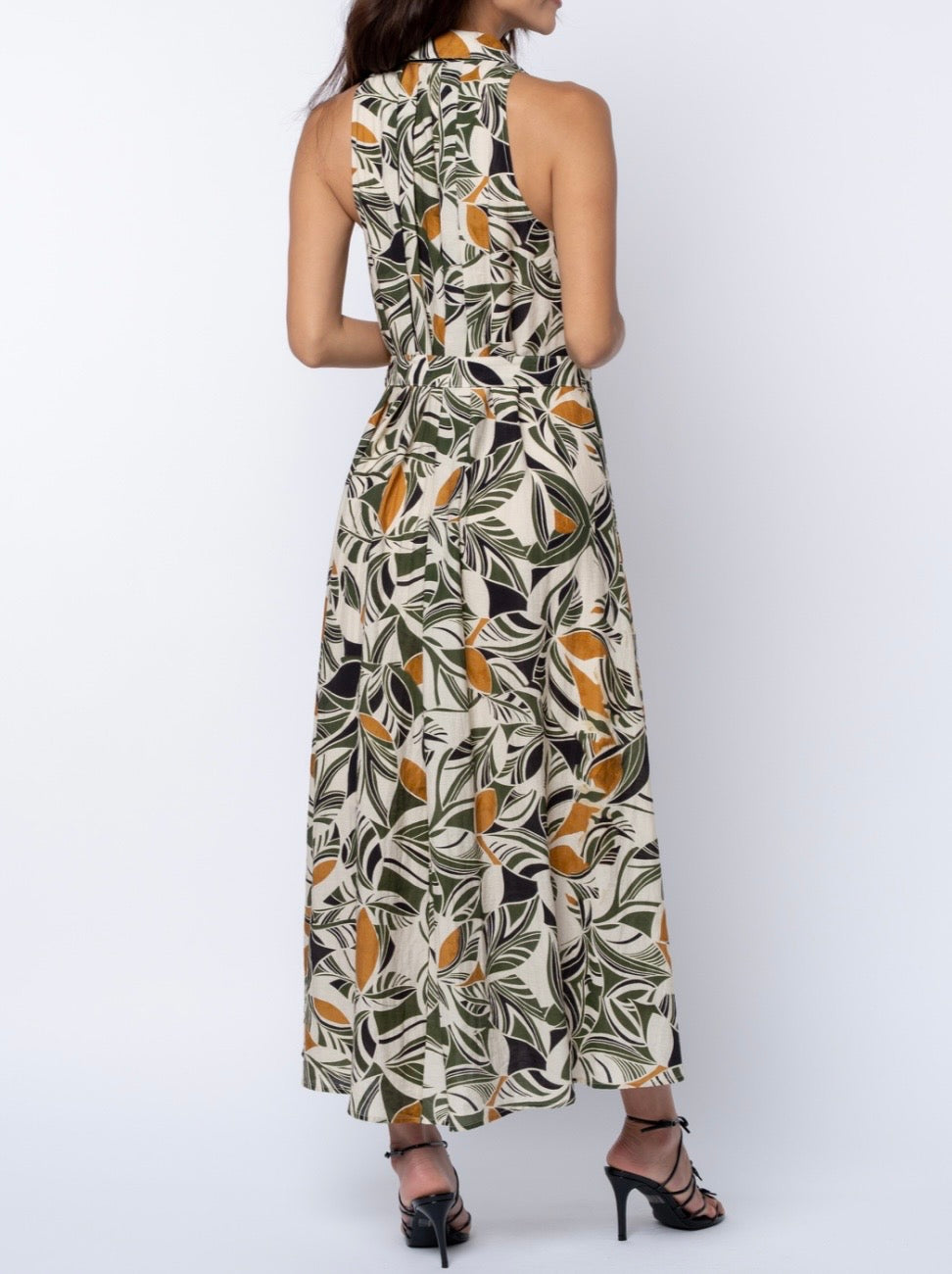 CREAM MULTI ABSTRACT LEAF PRINT HALTER SHIRT HATTIE MAXI DRESS