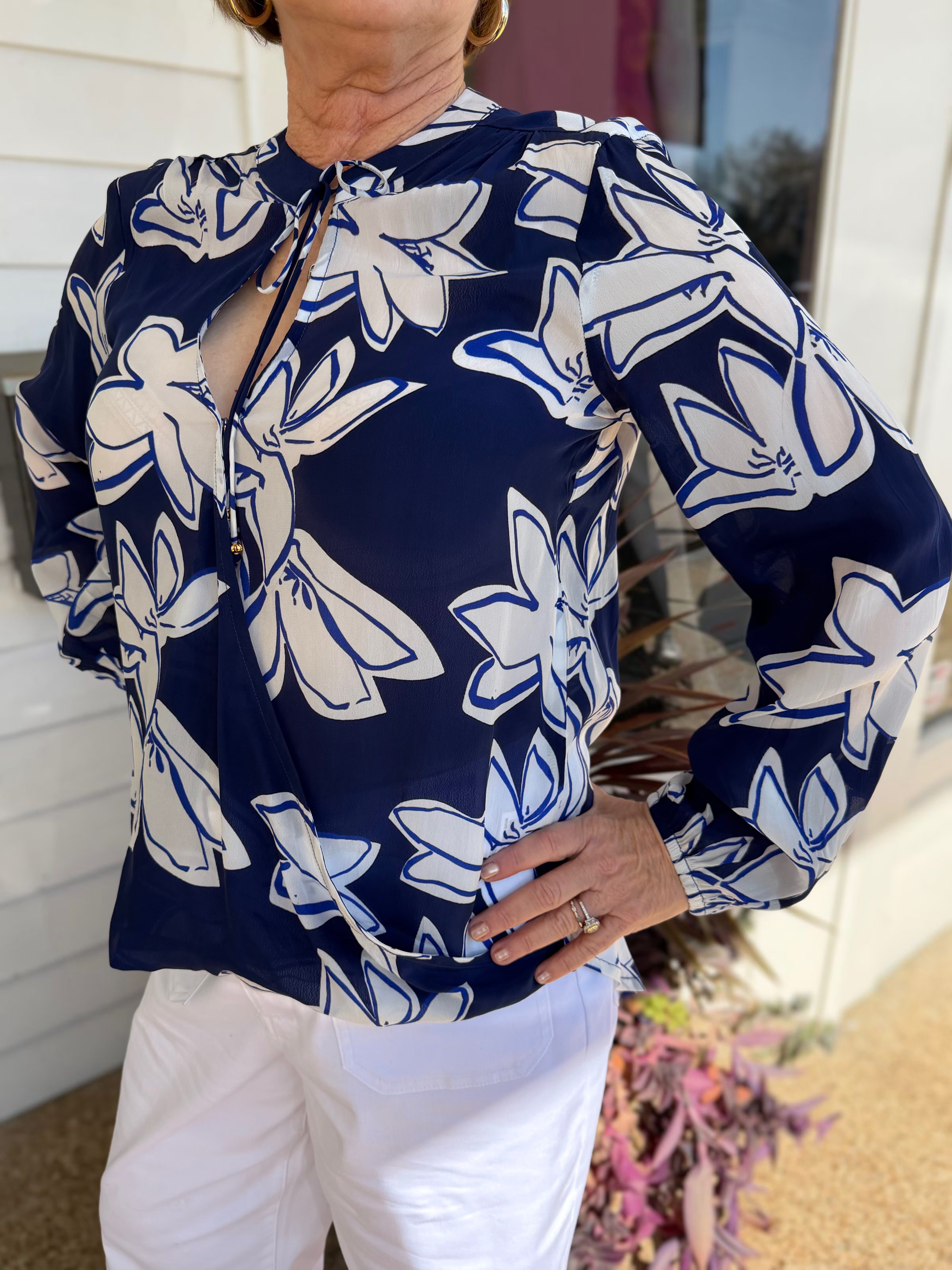 DARK BLUE FLORAL PRINT CROSSOVER TASSEL TOP