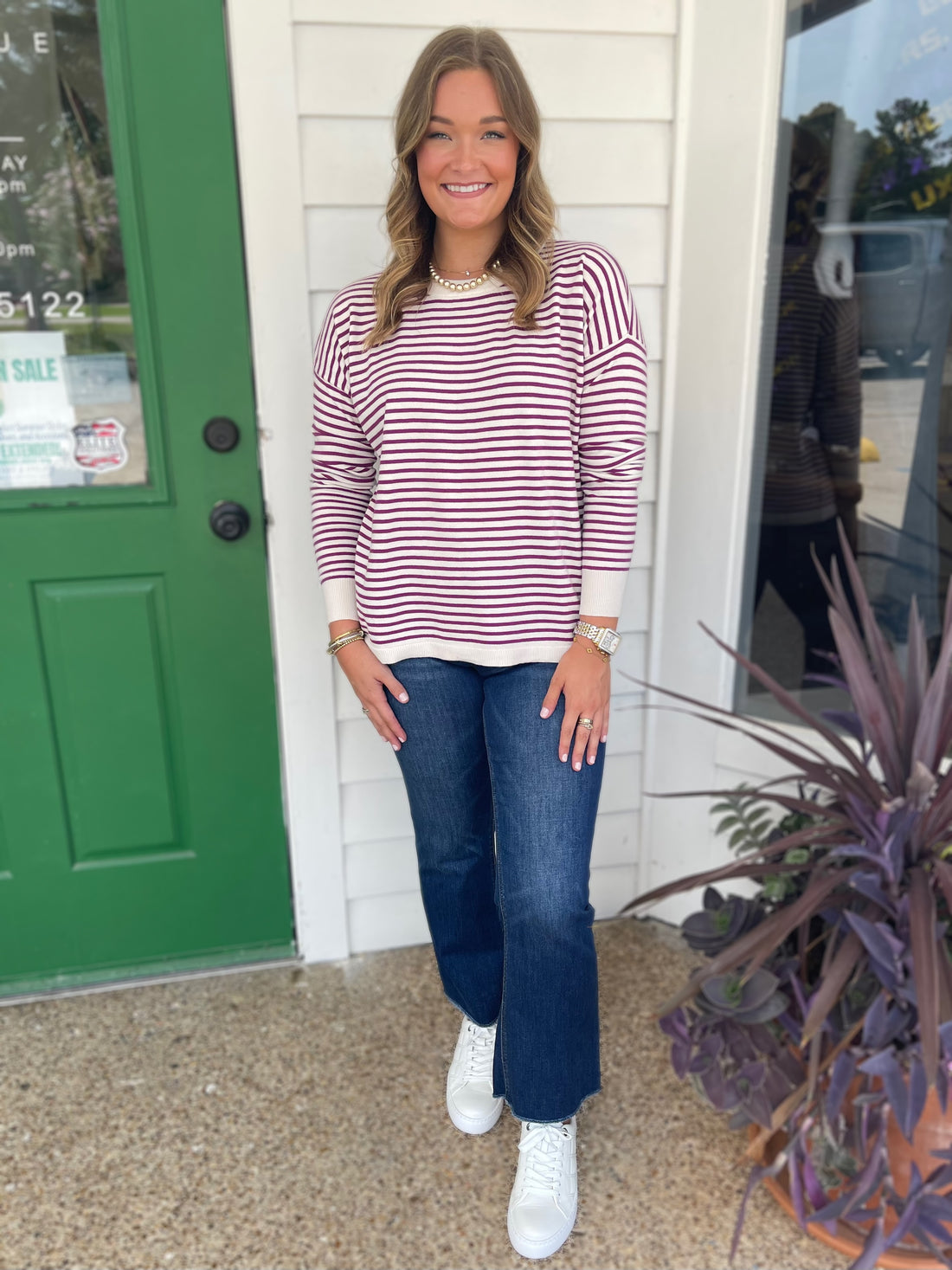 MAGENTA STRIPED LONG SLEEVE PULLOVER SWEATER