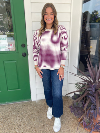 MAGENTA STRIPED LONG SLEEVE PULLOVER SWEATER
