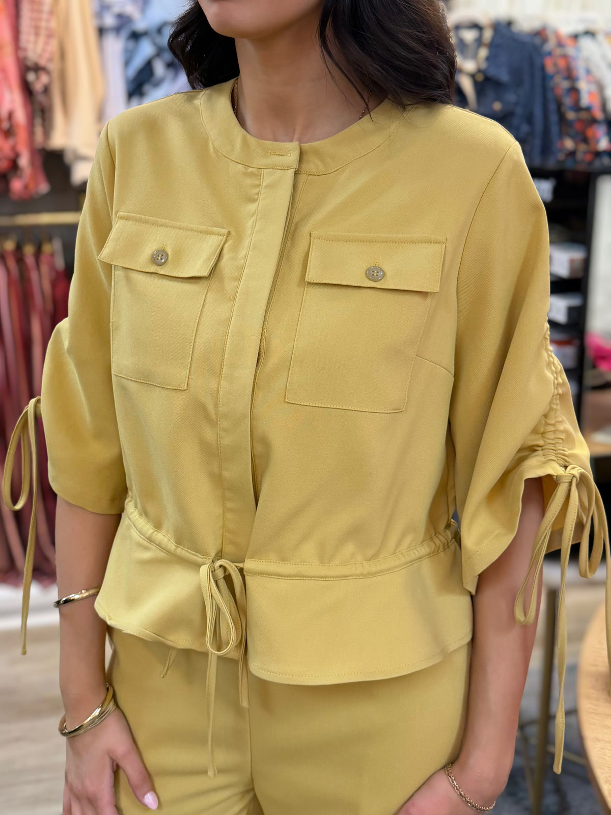 HONEY MUSTARD YELLOW 1/2 SLEEVE RUCHED SUITING TOP JACKET