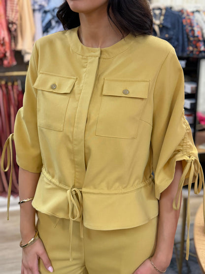 HONEY MUSTARD YELLOW 1/2 SLEEVE RUCHED SUITING TOP JACKET